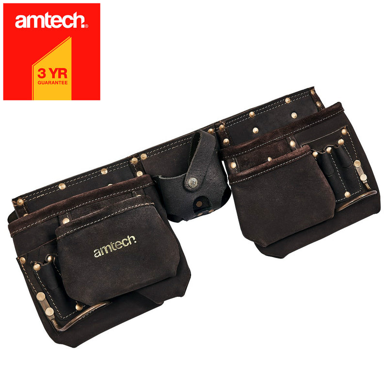 Amtech 12 Pocket Oil Tanned Leather Tool Belt | Heavy Duty Reinforced Adjustable Belt