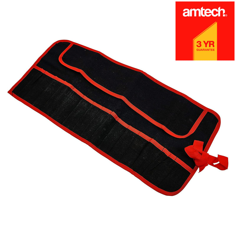 Amtech 15 Pocket Canvas Tool Roll Water Resistant Multi Compartment  Storage Bag