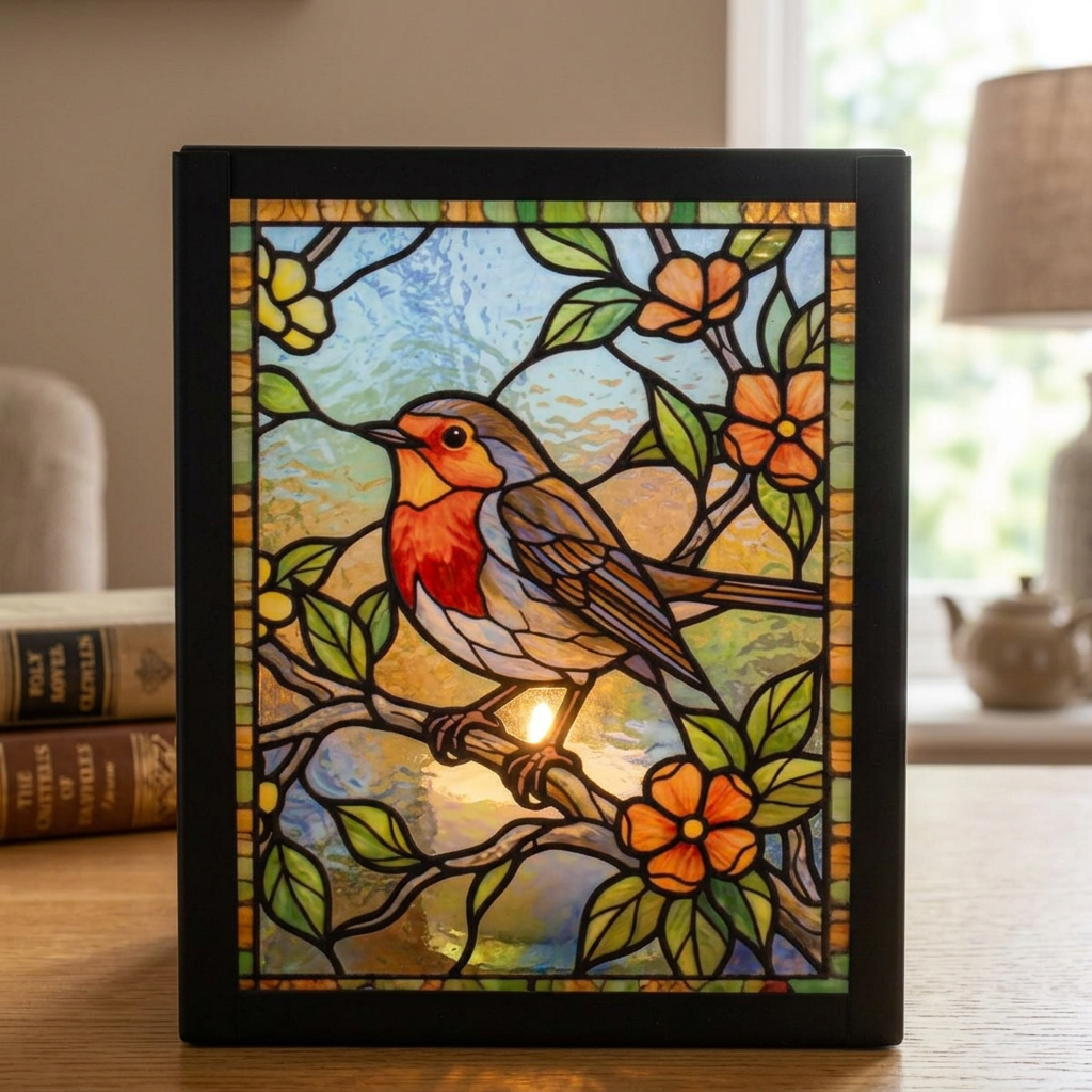 Stained Glass Tea Light Holder Robin