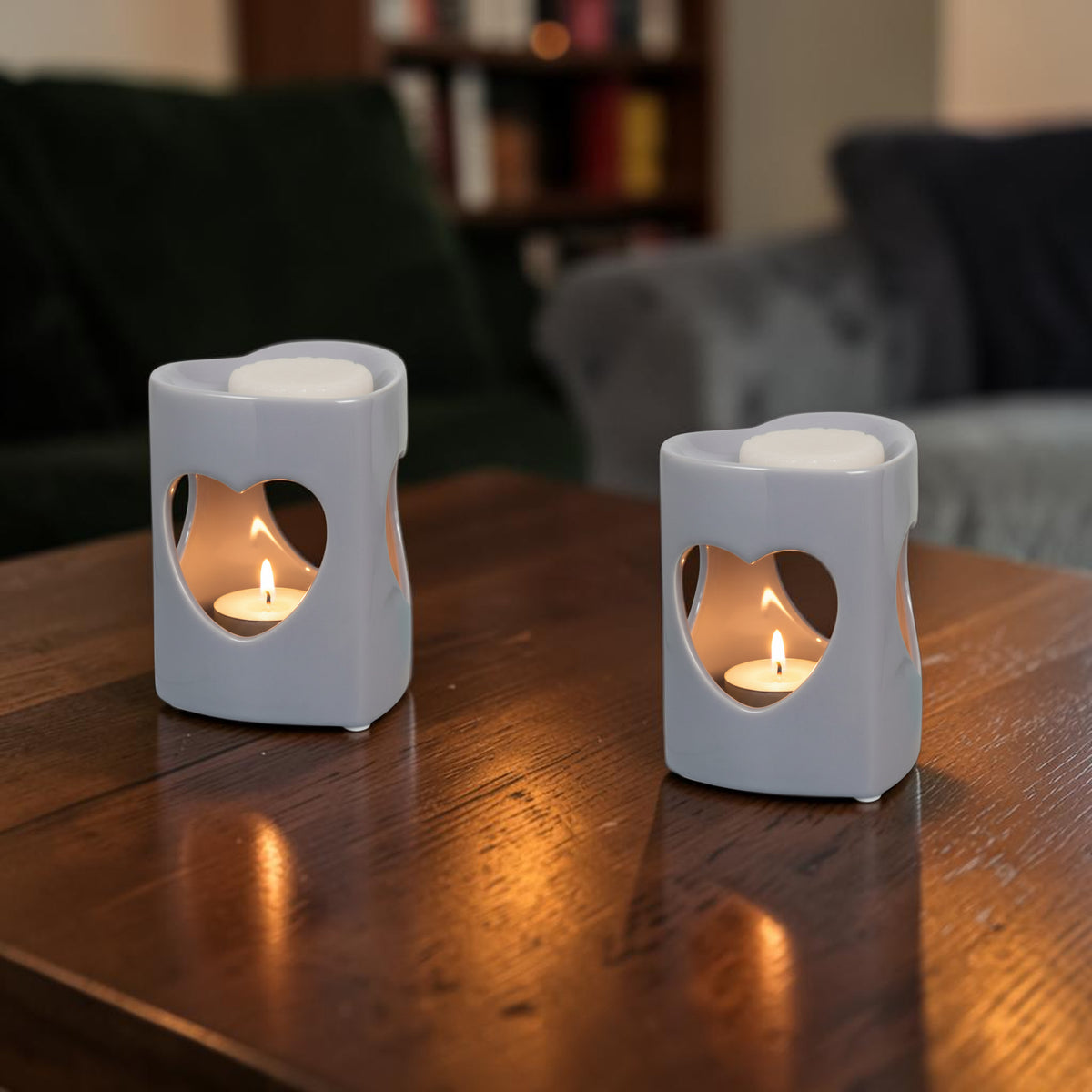 Grey Heart Tea Light Wax Melt Warmer Oil Burner - 2 PACK