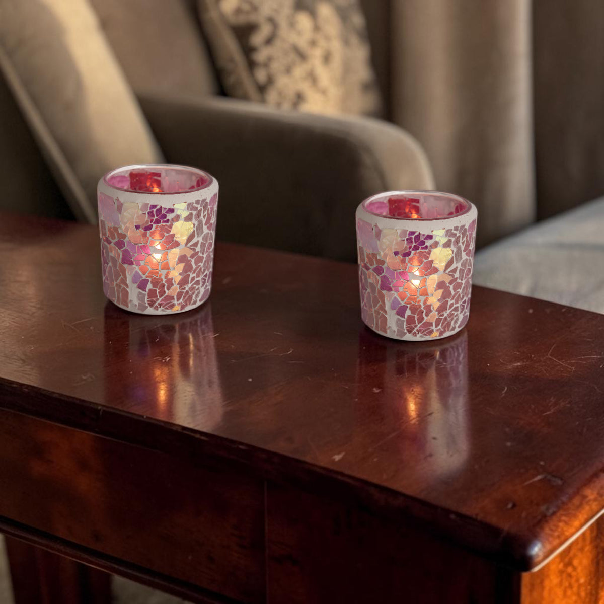 2 Pack - Tea Light Holder Pink Crackle Glass