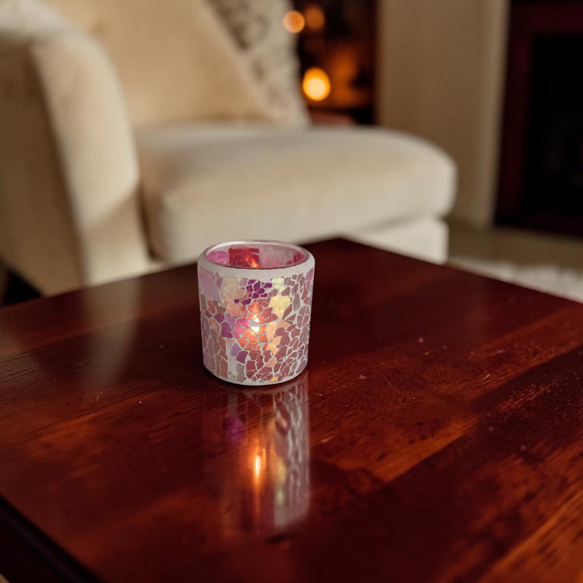 2 Pack - Tea Light Holder Pink Crackle Glass