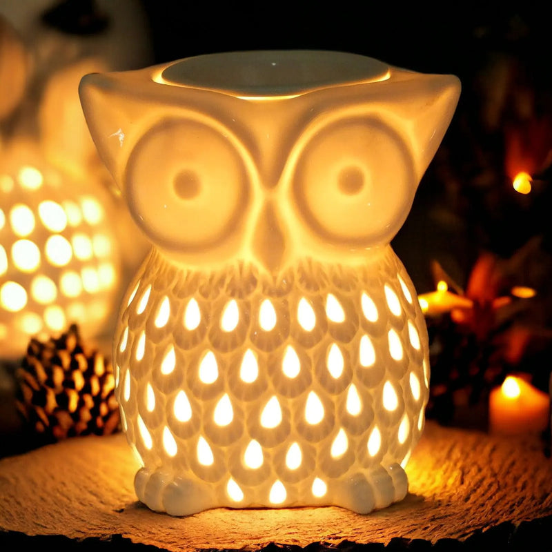 Owl Aroma Lamp Oil Burner Wax Melt White Ceramic - tooltime.co.uk