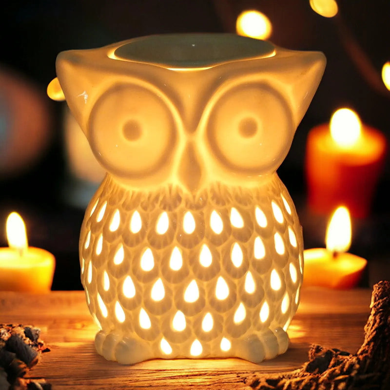 Owl Aroma Lamp Oil Burner Wax Melt White Ceramic - tooltime.co.uk