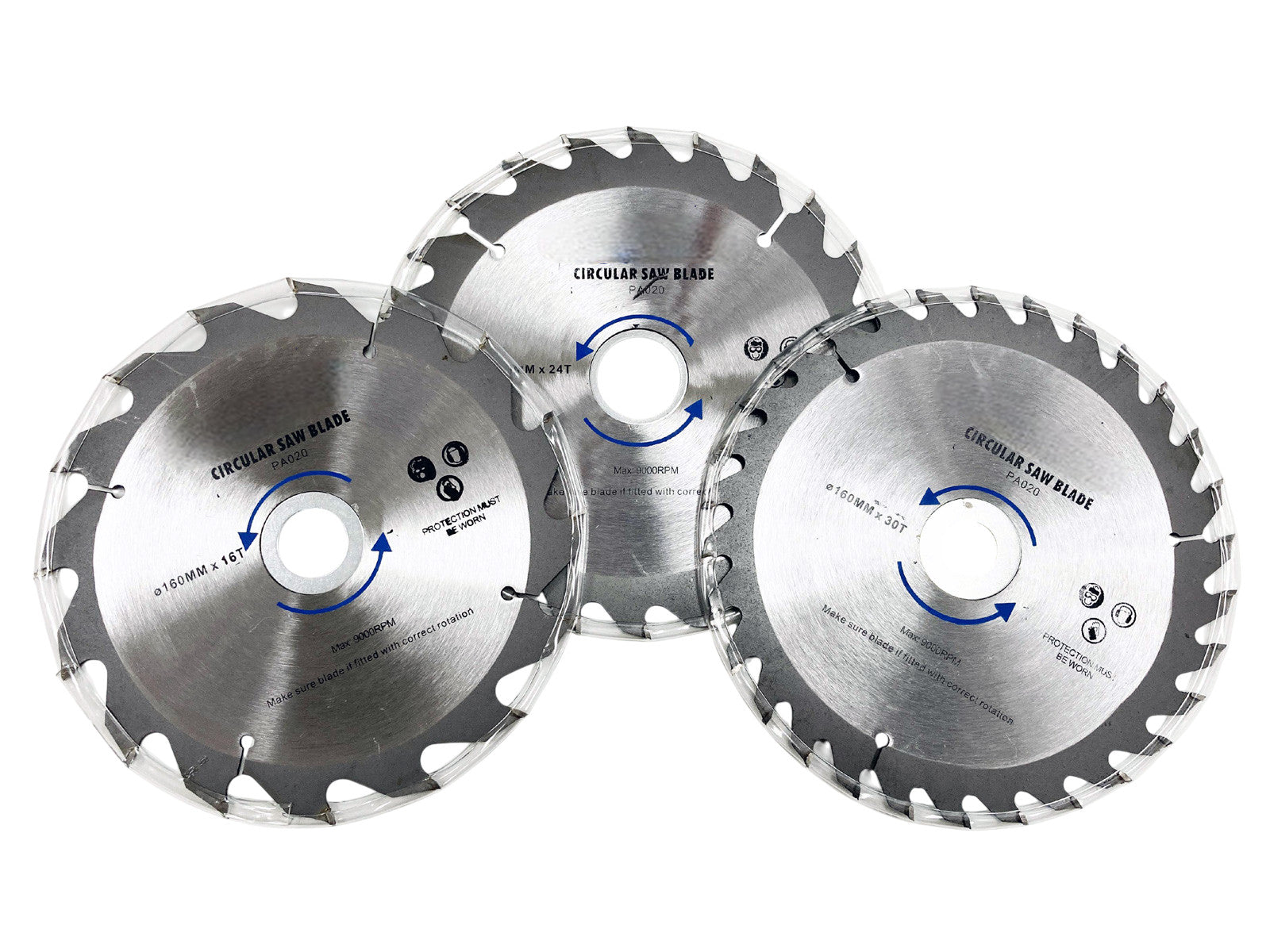 3pc 160mm TCT Circular Saw Blades | 16, 24 & 30tpi | 30mm Bore + 16mm & 20mm Adapters