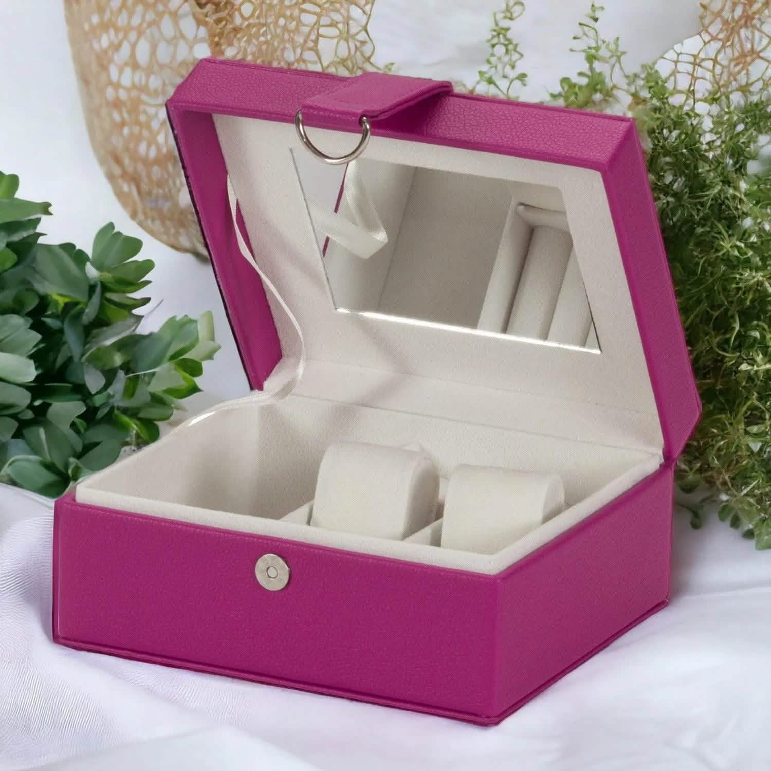 PU Leather Jewellery Box Watch & Trinket Storage Case Organiser Fushia Pink Mele - tooltime.co.uk