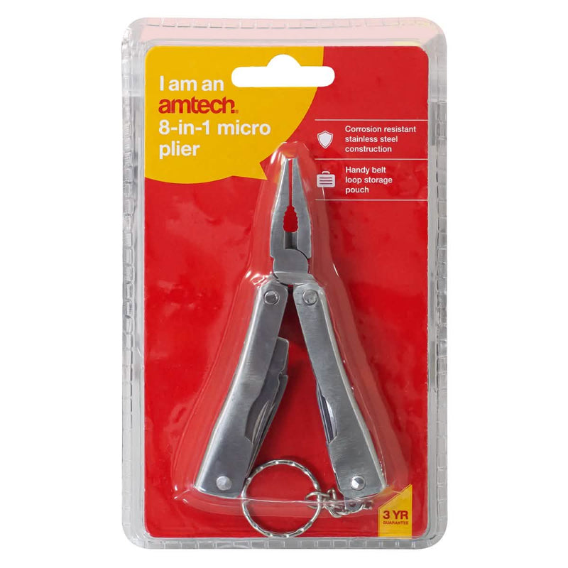 Amtech 8-in-1 Pocket Multitool | Micro Pliers Screwdrivers Bottle Opener Saw | Includes Storage Pouch