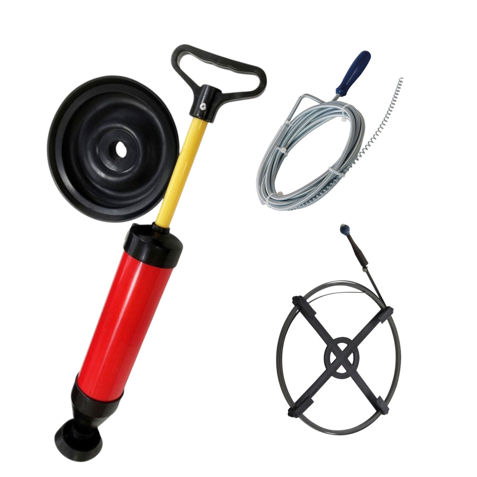 Unblocking Drains Tools - Auger Pump Blaster Plunger & Pipe Unblocker (3PACK)