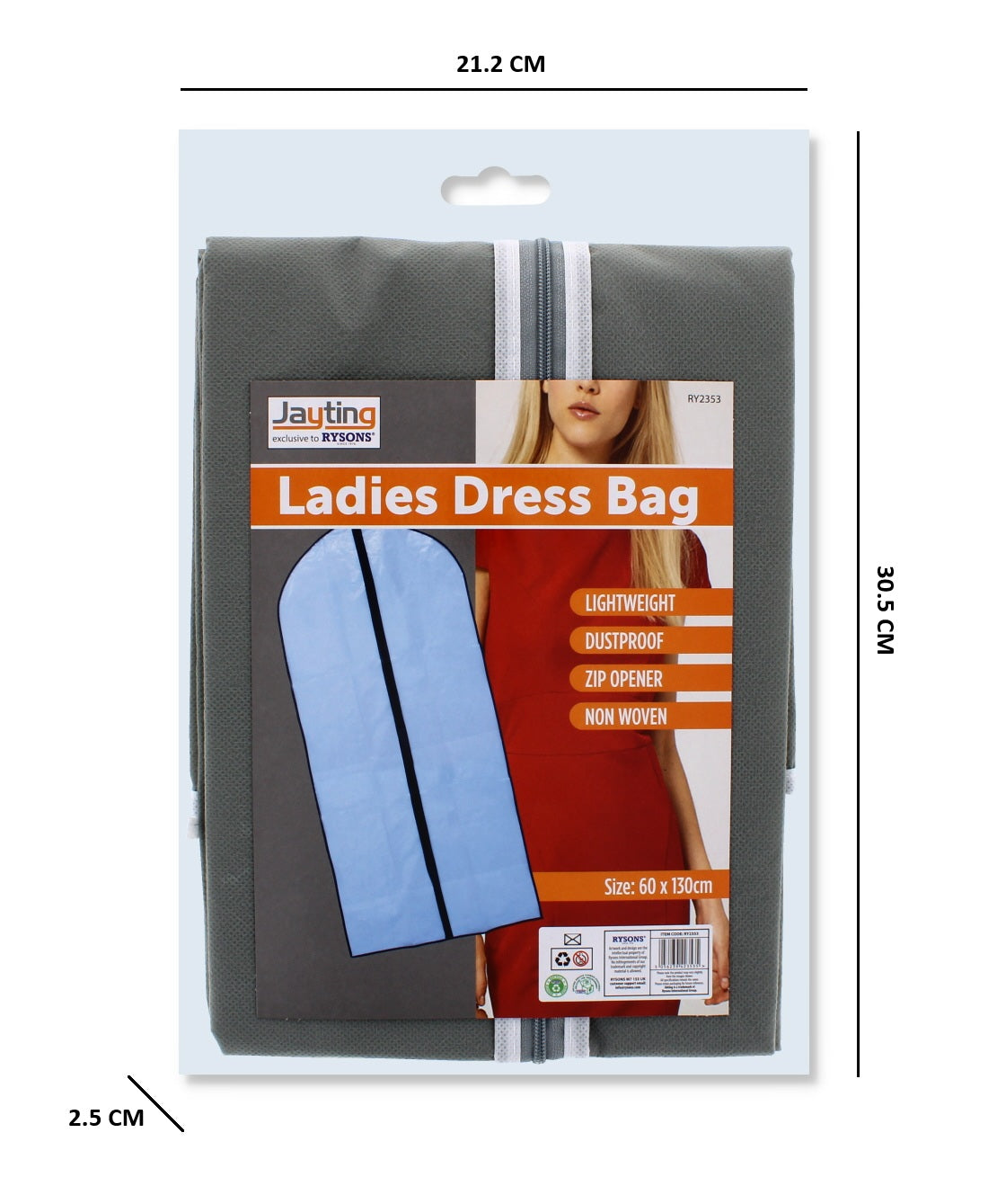 Ladies Dress Bag with Zip Non Woven Lightweight Clothes Protector -  60 x 130cm