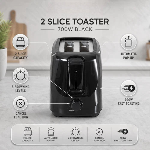 Elpine 2 Slice Toaster 700W Black Pop Up Bread Toaster 6 Browning Settings