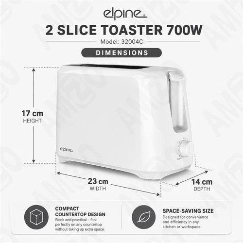 Elpine 2 Slice Toaster 700W Pop Up Bread Toaster 6 Browning Settings White