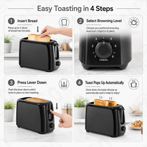 Elpine 2 Slice Toaster 700W Black Pop Up Bread Toaster 6 Browning Settings