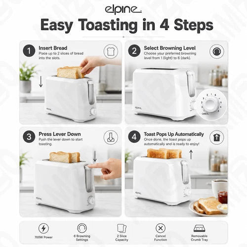 Elpine 2 Slice Toaster 700W Pop Up Bread Toaster 6 Browning Settings White