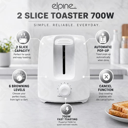 Elpine 2 Slice Toaster 700W Pop Up Bread Toaster 6 Browning Settings White