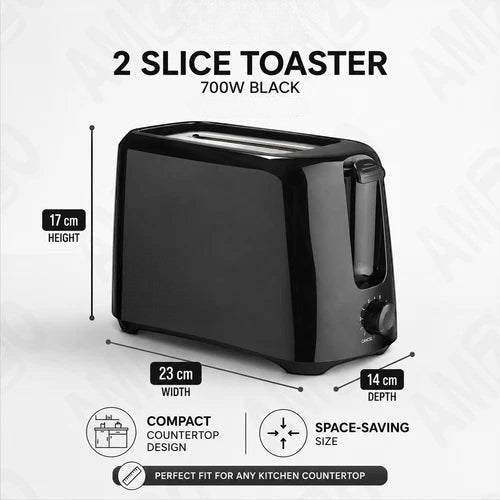 Elpine 2 Slice Toaster 700W Black Pop Up Bread Toaster 6 Browning Settings