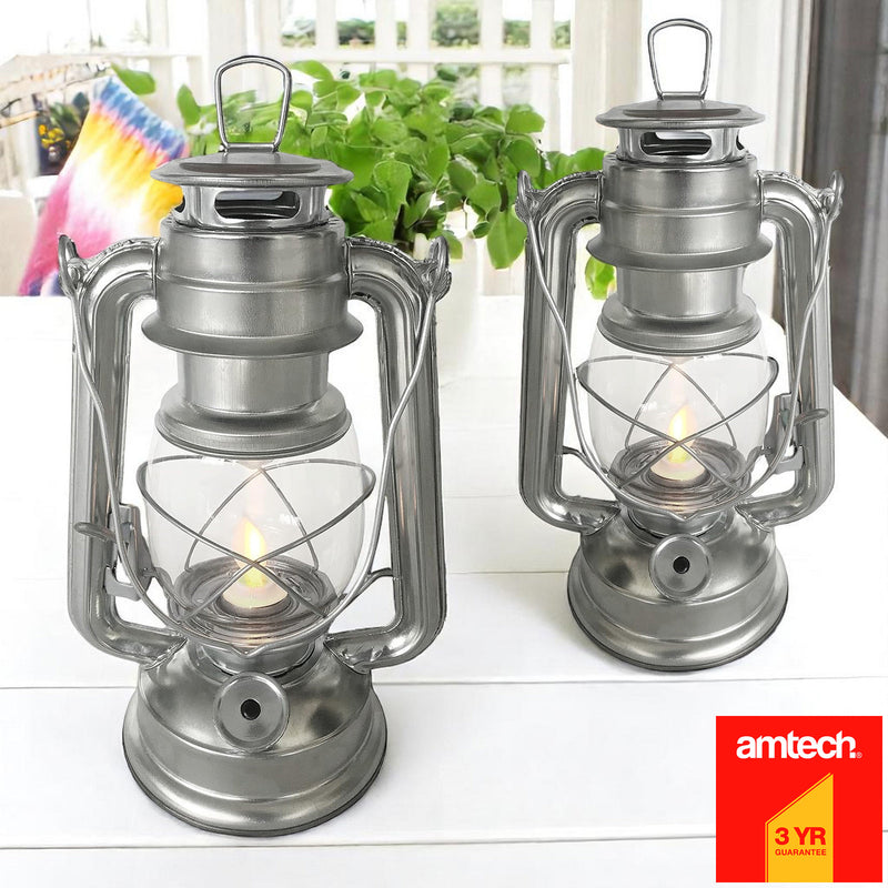Set of 2 Amtech LED Hurricane Lanterns | Flickering Flame Effect Storm Lamps | Batteries included
