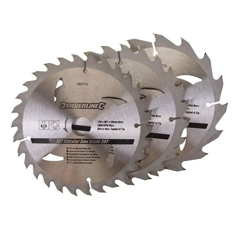 Silverline 150 X 20 - 16, 12.75mm Rings Tct Circular Saw Blades 16, 24, 30t 3pk 292712 Silv