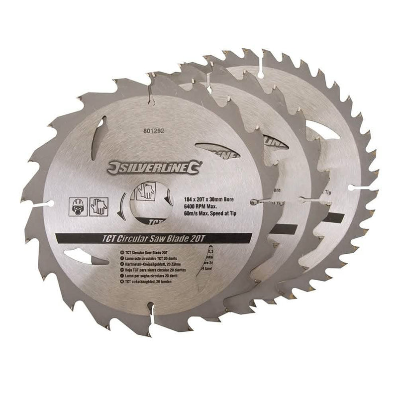 Silverline 184 X 30 - 20, 16MM RINGS TCT CIRCULAR SAW BLADES 20, 24, 40T 3PK 801292