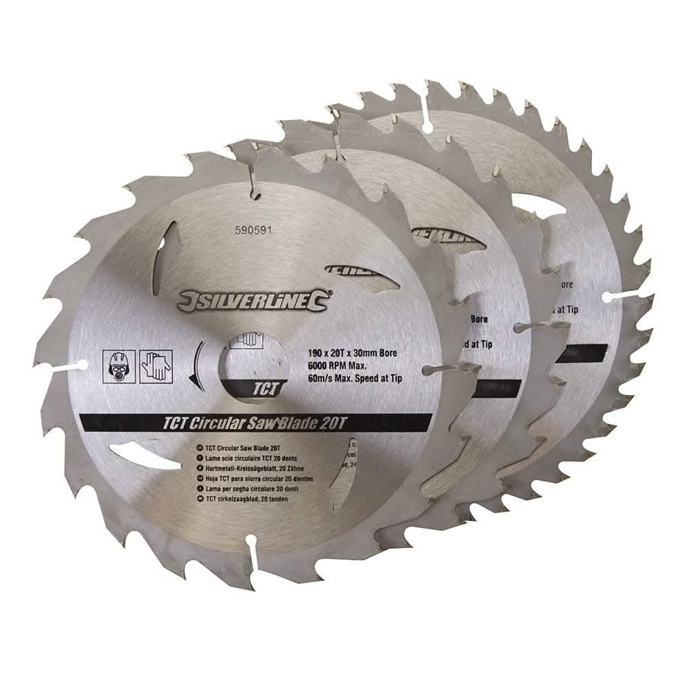 Silverline 190 X 30 - 25, 20mm Rings Tct Circular Saw Blades 20, 24, 40t 3pk 590591 Silverl