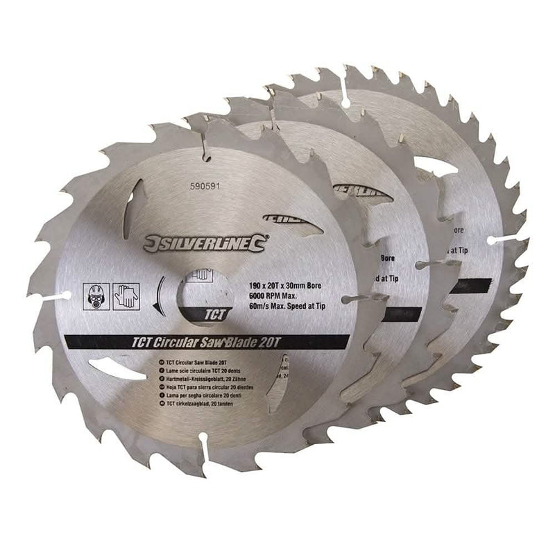 Silverline 190 X 30 - 25, 20mm Rings Tct Circular Saw Blades 20, 24, 40t 3pk 590591 Silverl