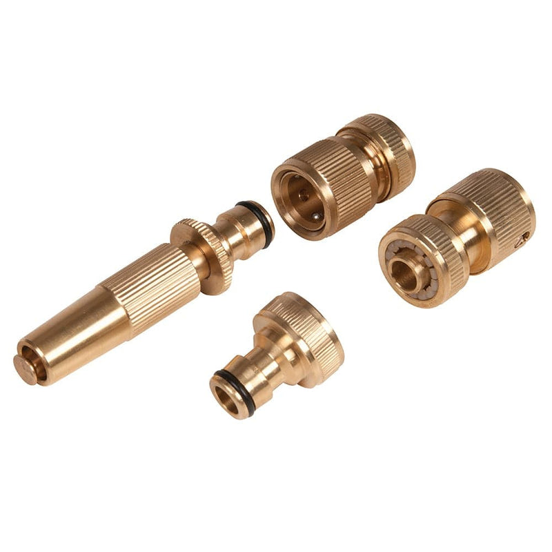 Silverline 4pce Brass Garden Hose Nozzle And Tap Quick Connector Fitting Set 793753