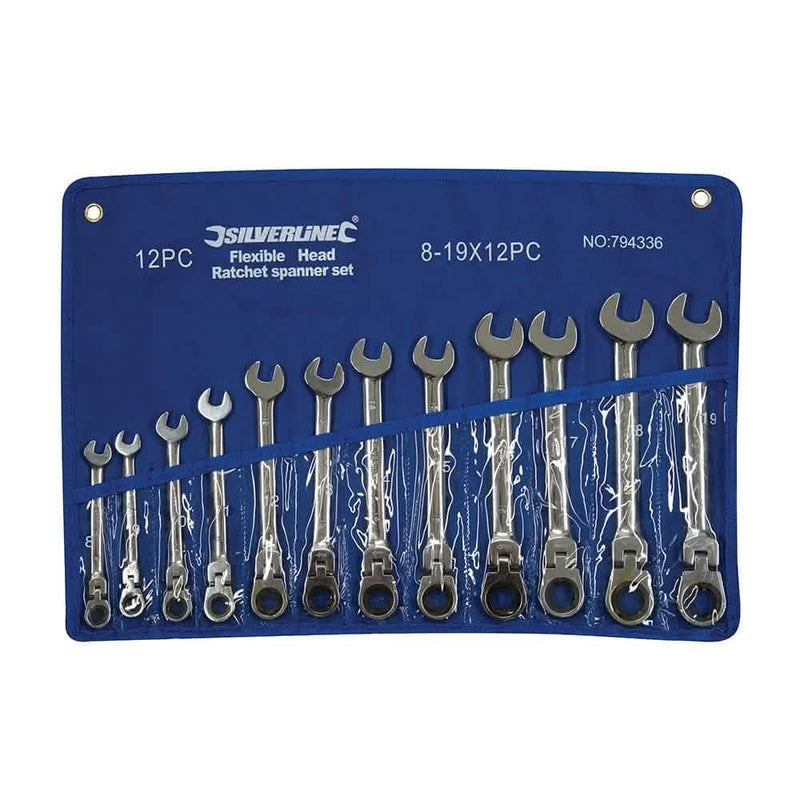 Silverline 8 - 19MM FLEXIBLE HEAD RATCHET SPANNER SET 12PCE 794336