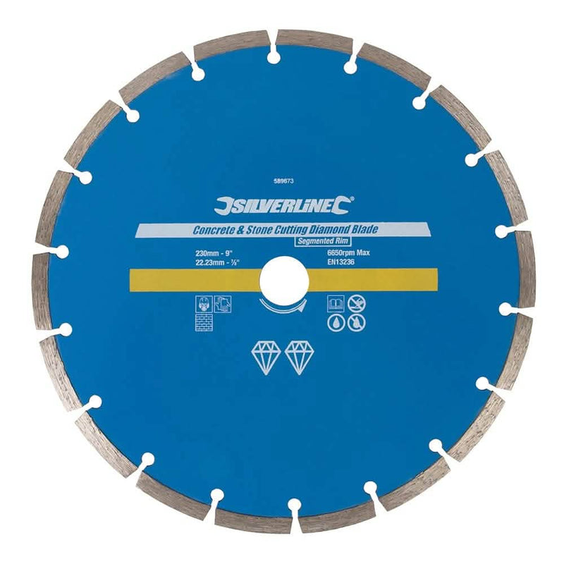 Silverline Angle Grinder Diamond Cutting Discs 230 X 22.23mm Segmented Rim Concrete & Stone Cutting Diamond Blade 589673 Silver