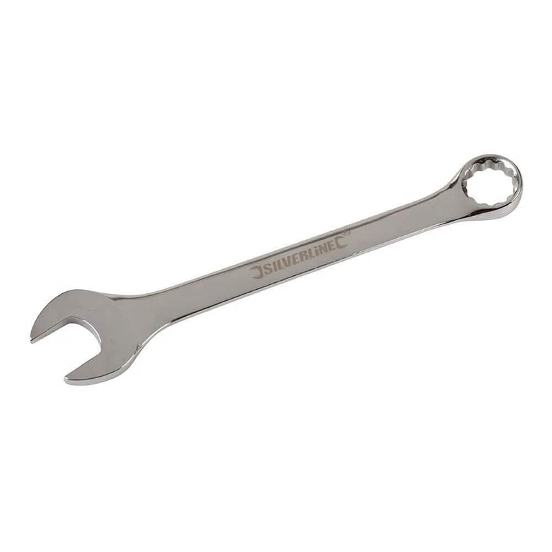 Silverline  chrome combination spanner with open and 12 point ring ends, durable spanners for automotive and DIY repairs