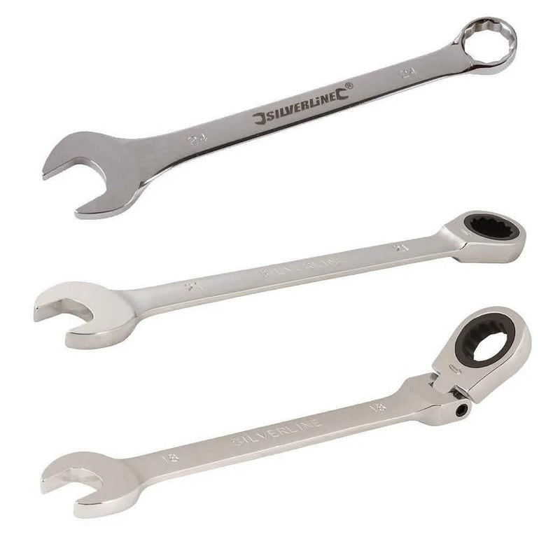 Silverline chrome combination spanners set with open and boxed ratchet ends for automotive and workshop use