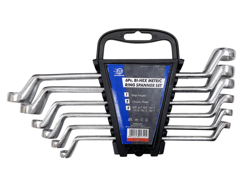 6pc Metric Ring Spanners Set | Carbon Steel 6-17mm Bi-Hexagonal 12 Point Offset Wrenches