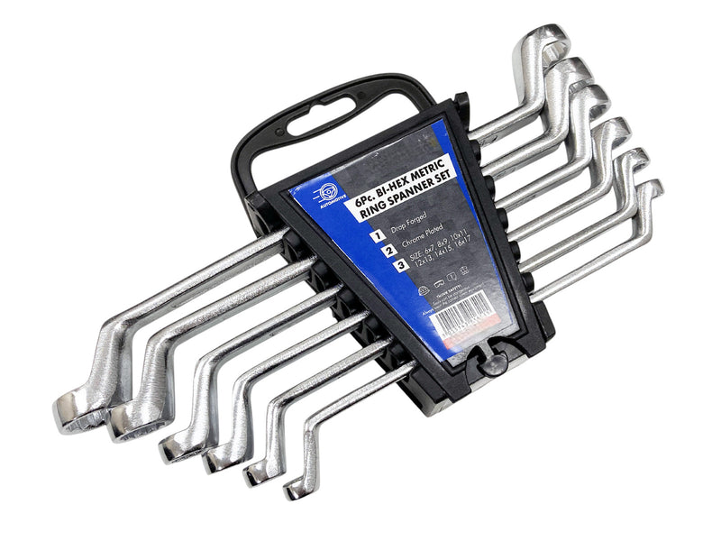 6pc Metric Ring Spanners Set | Carbon Steel 6-17mm Bi-Hexagonal 12 Point Offset Wrenches