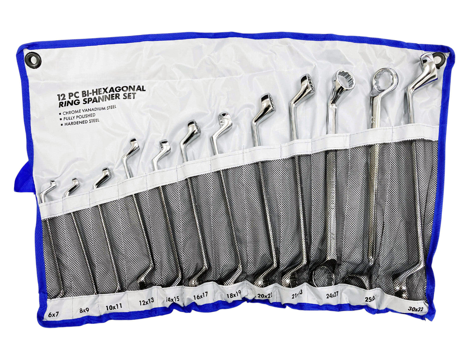 12pc Offset Ring Spanners Set Metric 6-32mm | Bi-Hexagonal 12 Point Wrenches | With Storage Roll