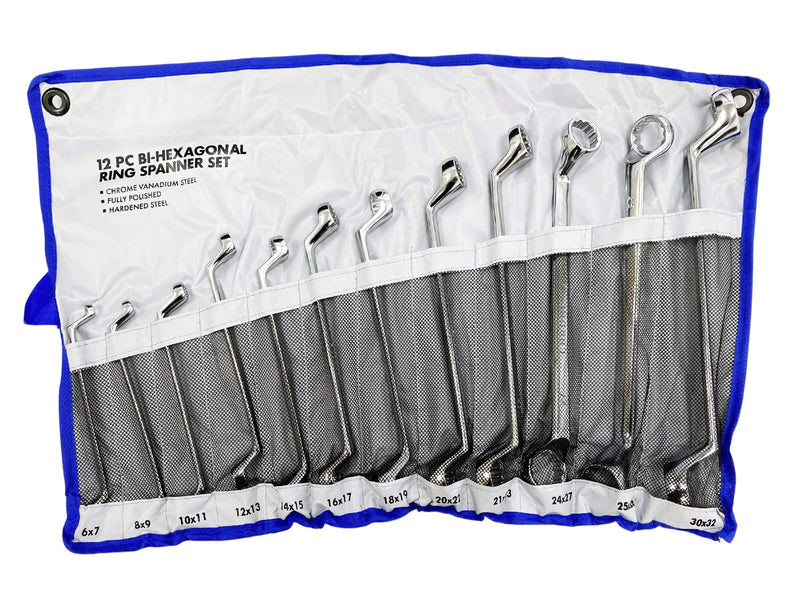 12pc Offset Ring Spanners Set Metric 6-32mm | Bi-Hexagonal 12 Point Wrenches | With Storage Roll