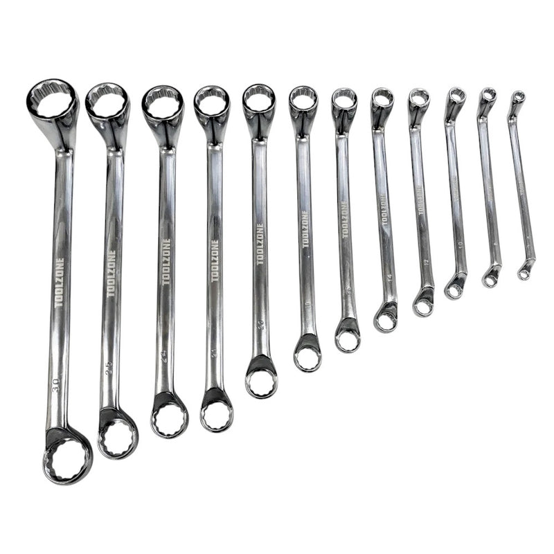 12pc Offset Ring Spanners Set Metric 6-32mm | Bi-Hexagonal 12 Point Wrenches | With Storage Roll