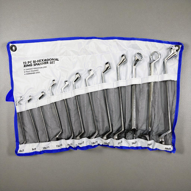 12pc Offset Ring Spanners Set Metric 6-32mm | Bi-Hexagonal 12 Point Wrenches | With Storage Roll