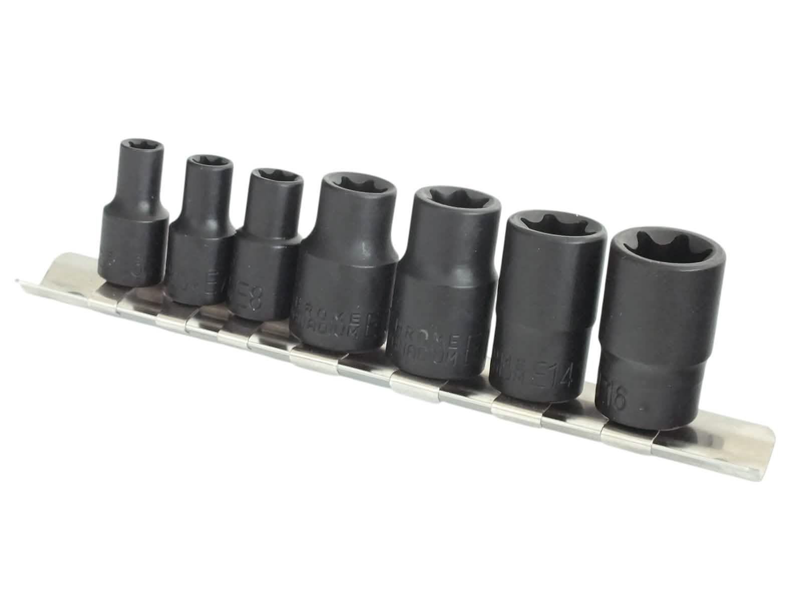 7pc Impact Torx Sockets Set Female Star + Rail | 1/4" 3/8" E6-E16 CRV Steel TX
