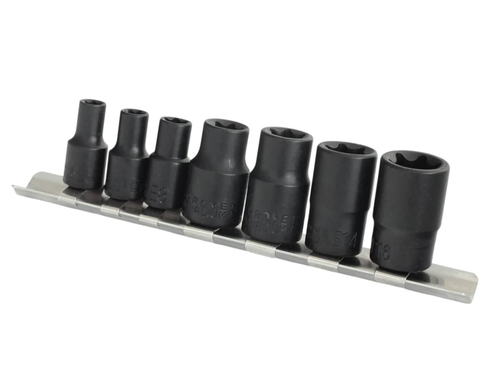 7pc Impact Torx Sockets Set Female Star + Rail | 1/4" 3/8" E6-E16 CRV Steel TX