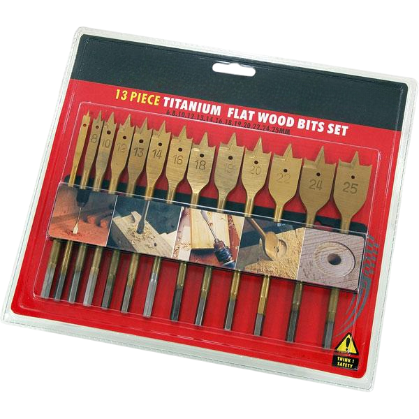 13pc Flat Wood Drill Bit Set 1/4" Hex Shanks 6-25mm Titanium Coated Spade Bits