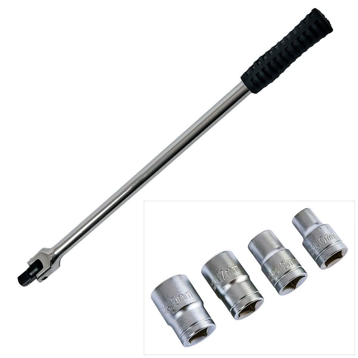 tooltime 1/2" SQ. DR. 18" LONG FLEXI KNUCKLE BREAKER BAR + 4PC SOCKETS 10mm 13mm 17mm 19m