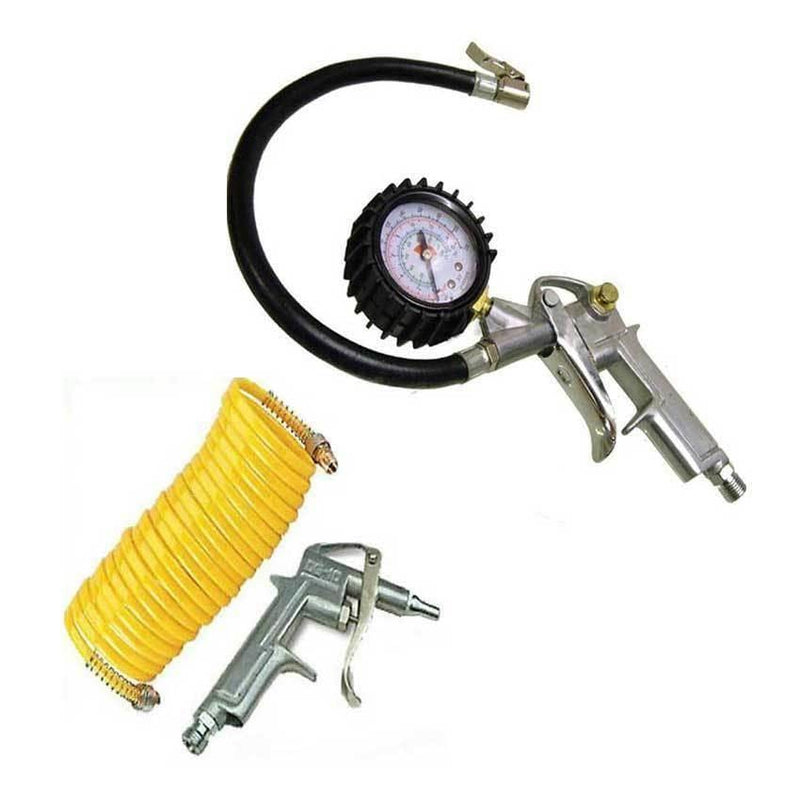 tooltime 1/4 Bsp Alloy Tyre Inflator With Gauge + Air Dust Blow Gun + 25Ft Recoiling Hose