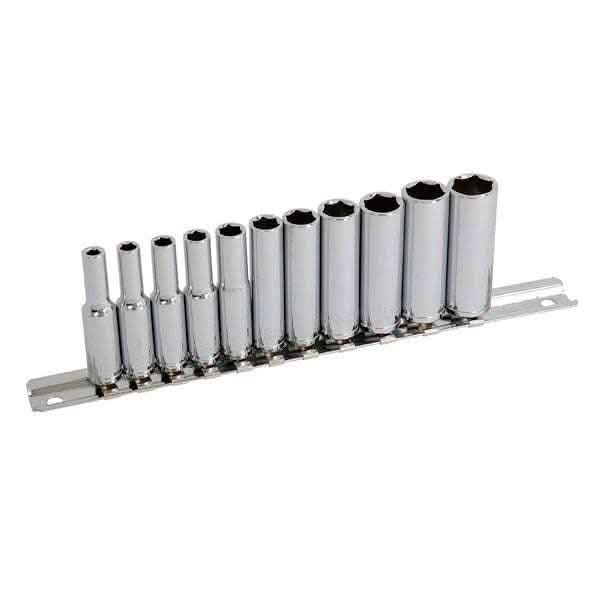 tooltime 1/4" Socket Set Deep + Storage Rail 4Mm-13Mm Metric Chrome Vanadium Steel 11Pc