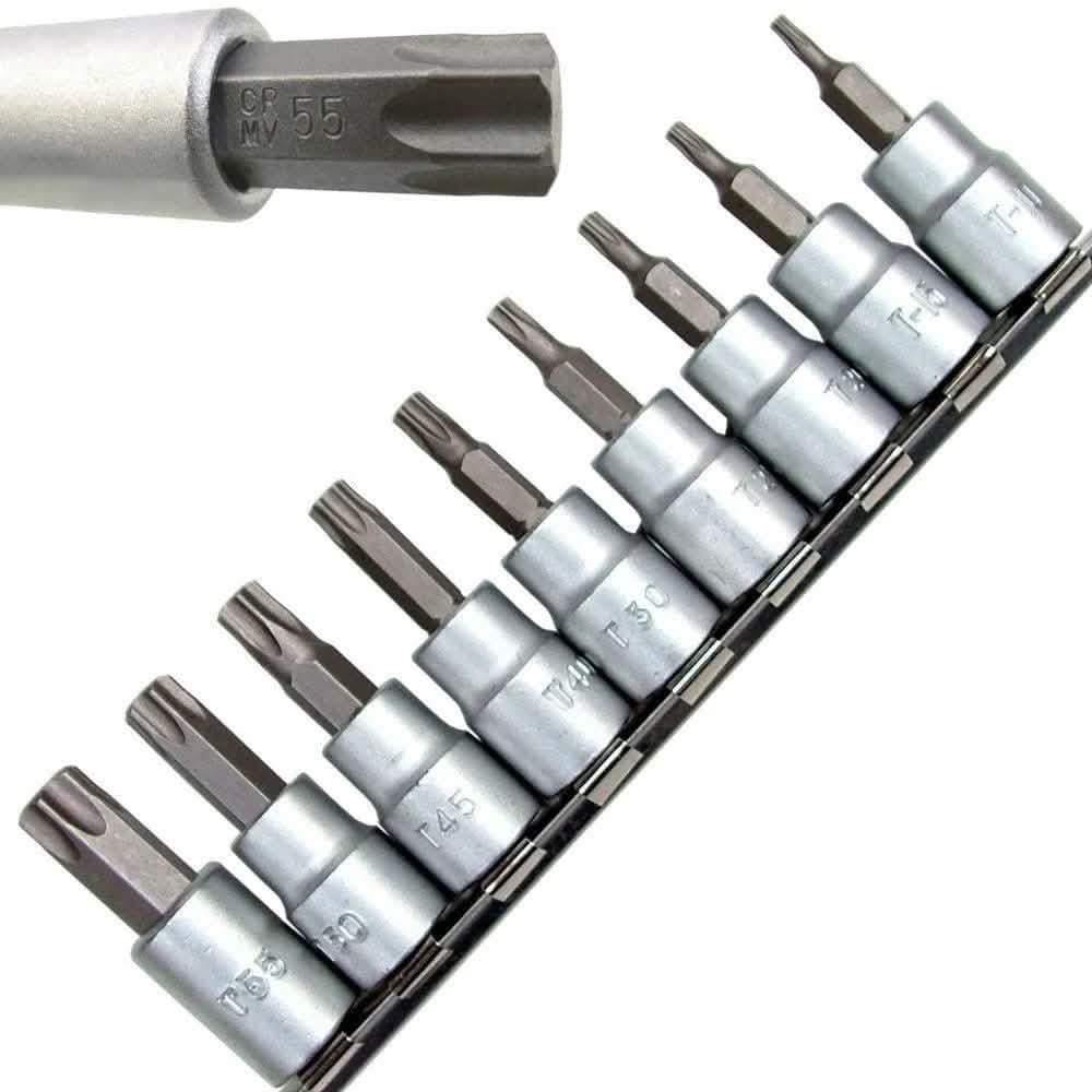 tooltime 10Pc 3/8" Dr Crv Male Torx Sockets Bits + Rail T10 - T55 Star Chrome Vanadium