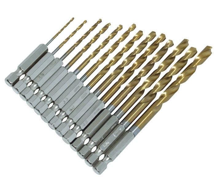 tooltime 13Pc Hss Titanium Coated Drill Bits Set 1/4" Hex Shank 1.5Mm - 6.5Mm High Speed