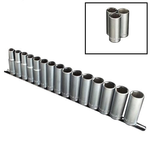tooltime 15Pc 1/2" Drive Heavy Duty Steel Metric Deep Socket Set 10Mm-24Mm + Storage Rail