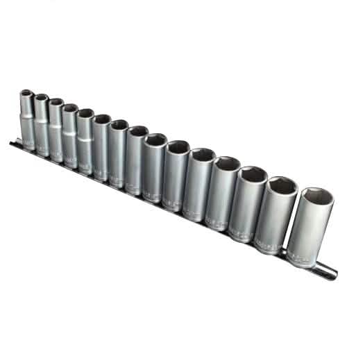 tooltime 15Pc 1/2" Drive Heavy Duty Steel Metric Deep Socket Set 10Mm-24Mm + Storage Rail