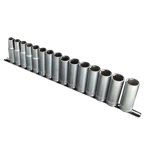 tooltime 15Pc 1/2" Drive Heavy Duty Steel Metric Deep Socket Set 10Mm-24Mm + Storage Rail