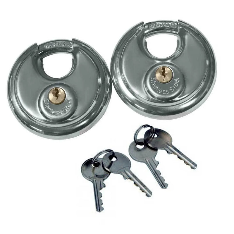 tooltime 2 X 70Mm Keyed Alike Disc Stainless Steel Padlocks + 4 Keys - Hardened Shackle