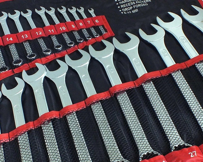 tooltime 25Pc Drop Forged Metric 6-32Mm Combination Spanner Wrench Set Open & Ring + Roll