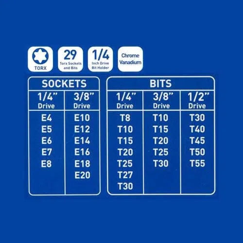 tooltime 29Pc Torx Star Sockets & Bit Set Female E-Torx Crv Bits 1/4" 3/8" & 1/2"