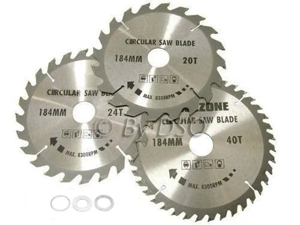 tooltime 3Pc 184Mm Tct Circular Saw Blades 20, 24 & 40 Teeth +  Adapter O Rings 185Mm